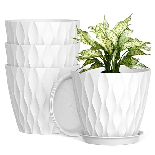 UOUZ 8 Inch Plant Pots, 4 Pack Plastic Planters for Indoor Outdoor with Drainage Holes & Saucers, Waffle Texture Flower Pots for Indoor Plants, Indoor Plant Pots for Monstera, Fiddle Leaf Fig, White - color: White, size: 4 pack