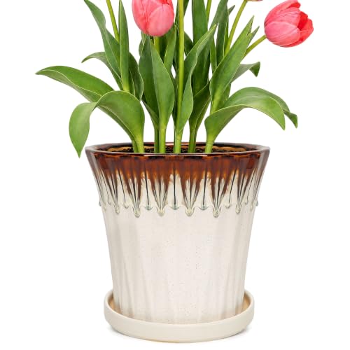8.3 Inch Ceramic Planters with Drainage Hole and Saucer,Indoor Outdoor Large Flower Pots, Garden Pot for Plant Lovers (Drip White) - color: Drip White, size: 8.3 Inch