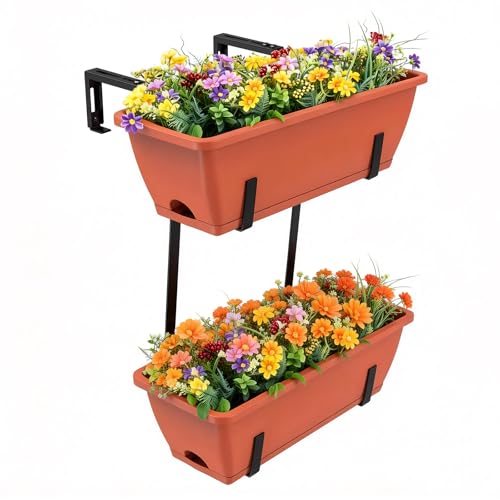 16.9 Inches Deck Railings Planter Box, 2Pcs Hanging Flower Pots, Red | Balcony Planter Boxes with Detachable Hooks & Trays, Drainage Holes, Fits Window Yard Garden Decor for Plant, Countryside - color: Red
