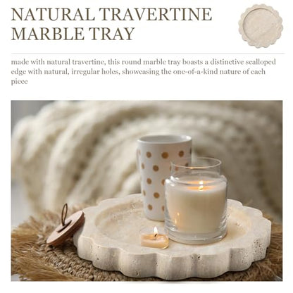 5.5 Inch Small Travertine Stone Tray Marble Jewelry Dish Trinket Tray for Women, Perfume, Coffee Table(Round,Scallop) - style: Round，Scallop