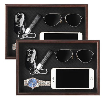 Wooden Valet Tray with Leather Base - Nightstand Catchall Organizer for Cologne, Perfume, Keys, Wallet, Phone, Watch, Jewelry & Sunglasses (2Pcs Black) - color: 2Pcs Black