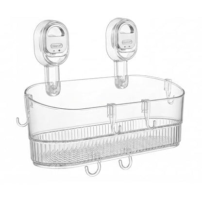 AVOKIHI Suction Cup Shower Caddy with 6 Hooks, No Drill Shower Shelf | Features 6 hanging hooks for loofahs and razors. Clear waterproof bathroom organizer. No drill traceless suction design. - color: White