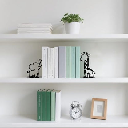 Metal Bookends Giraffe Elephant Bookends Decorative Cute Animals Book Ends for Shelves Bookshelf Reading Decor Space-Saving Desk Organizer for Bedroom Home Nursery - style: Giraffe Elephant