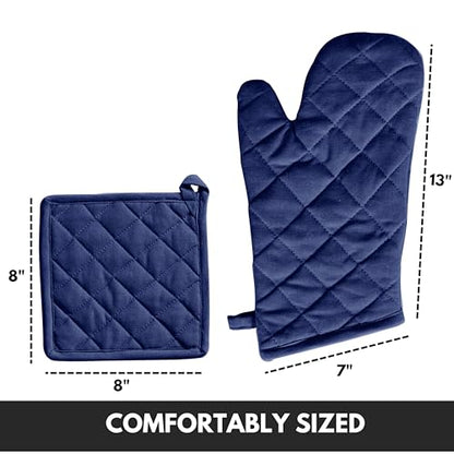Oven Mitt (7"x13") & Pot Holder (8"x8") 100% Cotton Set of Heat Resistant Oven Gloves & Hot Pads for Gifts, BBQ, Cooking, Baking, Thanksgiving - Indigo Blue - color: Indigo Blue