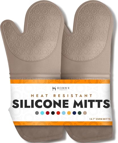 BPA-Free Silicone Oven Mitts Ultra Heat Resistant up to 500°F - Oven Mitts with Thick Cotton Liner - Long Slip Resistant Pot Holders, Flexible Oven Gloves - Beige 14.7 - color: Beige, size: 2-Piece 14.7" Oven Mitts