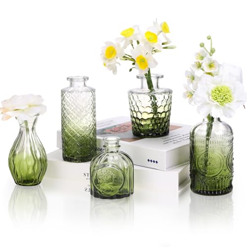 5pcs Green Glass Bud Vase Set, Small Flower Vases for Centerpieces in Bulk | Mini Vintage Glass Vase for Centerpieces, Decorative Flower Vases for Wedding Home Table Decor - color: Green, size: 5pcs