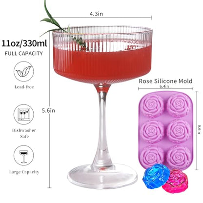 KMIGRUAN 11oz Large Vintage Coupe Glasses Set of 6,Ribbed Cocktail Glasses,Classic Espresso Martini Glasses,Margarita and Champagne Glasses for Bar,Wine,Dessert,Cocktail Glassware Gift Set - style: Ribbed Martini Glasses