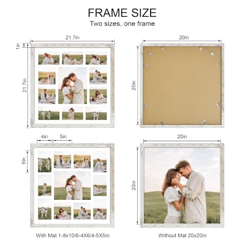 Hongkee 20x20 Square Frame 2 Pack, Fits 11 Photo with Mat- Real Glass Cover | Distressed White Wooden, Display Collage One 8x10, Four 5x5, Six 4x6 - Wall Mounting, fits Photos, Posters and Art - color: Distressed White, size: 20x20 in with mat