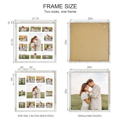 Hongkee 20x20 Square Frame 2 Pack, Fits 11 Photo with Mat- Real Glass Cover | Distressed White Wooden, Display Collage One 8x10, Four 5x5, Six 4x6 - Wall Mounting, fits Photos, Posters and Art - color: Distressed White, size: 20x20 in with mat