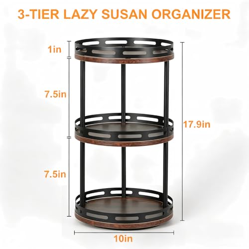 3 Tier Lazy Susan Organizer - 360° Rotating Spice Rack | Industrial Spinning Spice Rack, Versatile Wooden Lazy Susan for Kitchen Cabinet, Countertop, Pantry, Bathroom, Vanity - size: 3 Tier