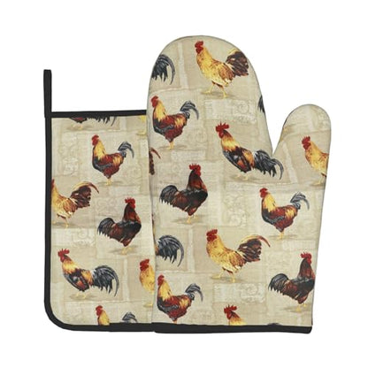 Rustic Rooster Oven Mitts and Pot Holder Set of 2 Farm Animal Print Heat Resistant Gloves Hot Pads for Kitchen Grilling Baking Cooking BBQ - color: Rustic Rooster