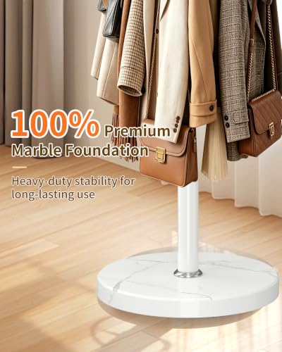 Metal Coat Rack, Modern Coat Rack Stand, 360°Rotary Coat Tree Stand | Heavy Duty Coat Rack Freestanding with Natural Marble Base, White Clothes Tree Hanger Stand with 14 Hooks & Umbrella Holder - color: White-16Hooks