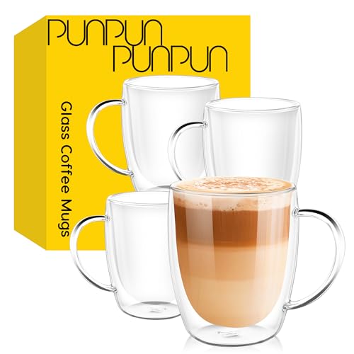 PunPun 12.9OZ. 380ml Clear Coffee Mugs, Glass Cups for Latte, Double Wall Glass with Big Handle, Clear Mugs for Iced Coffee or Hot Beverages, Espresso Cups Each Set of 4 - color: 380ml / set of 4