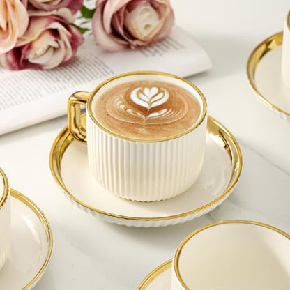 LETAOTAO Cappuccino Cups with Saucers, 8oz Ceramic Coffee Cups with Saucers Set, Latte Art Coffee Mugs with Gold Trim, Tea Cups Set of 4, British/Italian Coffee cups for Cafe Mocha, Double Espresso - size: 8 Ounces