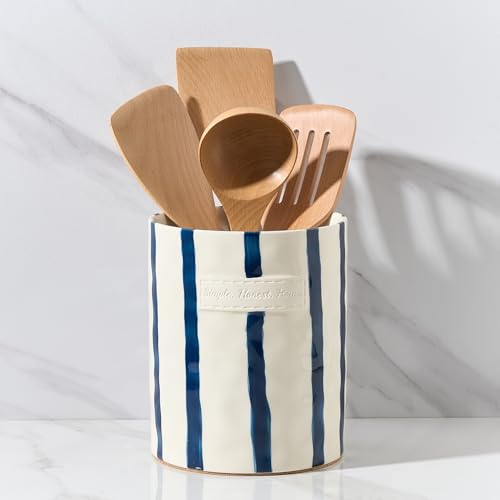JIEMEI HOME Kitchen Utensil Holder, 7.2" Ceramic Stable Utensil Crock for Countertop, Modern Minimalism Style Cooking Tool Organizer with Cork Mat, Spatula Holder For Kitchen Decor, Blue stripes - color: Blue stripes