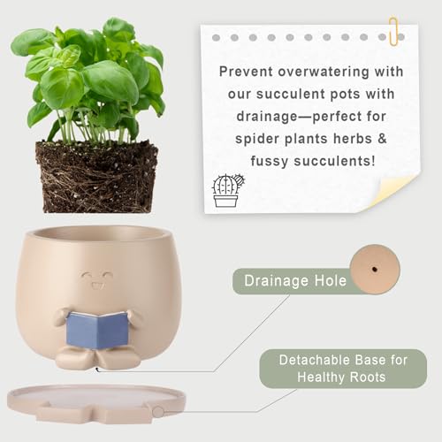 Bookworm Planter Pot with Drainage Cute Plant Pots for Succulents & Small Plants | Teacher Gifts Housewarming|Book Lover Gift, Indoor Planters | Christmas Teacher Gift Mother Dad Appreciation