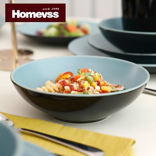 HomeVss Stoneware Two-Tone Colors Life 12pc Dinner Set, Outside Shiny Black + Inside Matte Glaze Turquoise - color: Turquise, size: 12pc Set