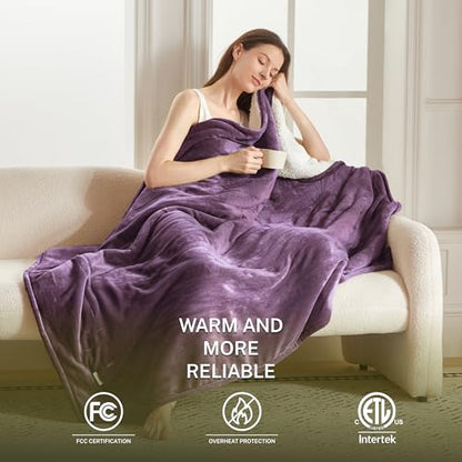 Heat Blanket 72”x84” Full Size,Soft Flannel & Sherpa Reversible Electric Blanket with 10 Heat Settings,12 Timer Setting and 8 Hours Auto-Shut Off,ETL Certified Machine Washable,Purple - color: Purple, size: 72*84in