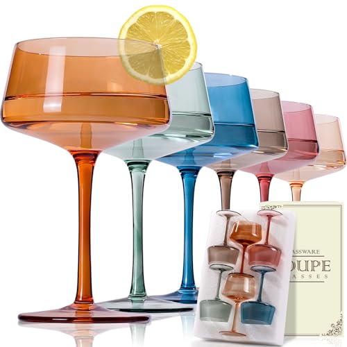 JOVGANK Colored Coupe Glasses Set of 6, Hand Blown Colorful Martini Glasses 13Oz, Champagne & Cocktail Luxury Glasses, Bar Manhattan and New Year Glass, Mother's Day Gift for Ice Cream Dessert - color: Classic-Multicolor