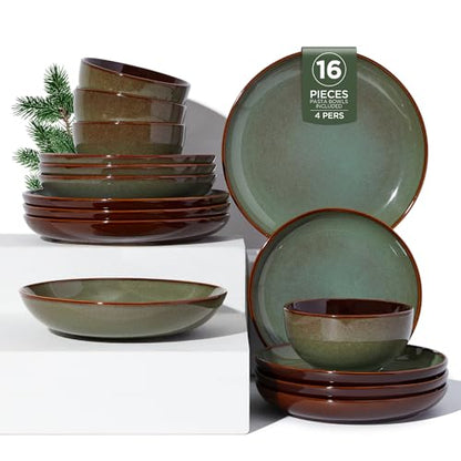 16 Piece Double Bowl Dinnerware Sets with Pasta Bowls, Highly Chip and Crack Resistant Plates and Bowls Sets, Natural Earthyware Ceramic Dishware Sets, Service for 4 Sage Green - color: Sage Green, size: Set (16pcs)