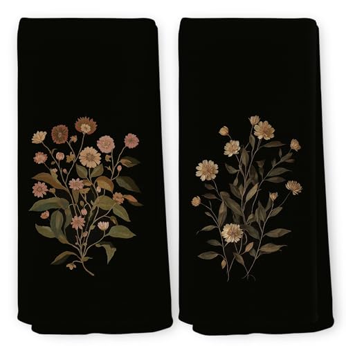 Vintage Moody Floral Dark Botanical Kitchen Towels Set of 2, Dark Academia Gothic Cottagecore Flower Still Life Dish Tea Towels for Kitchen, Farmhouse Country Decorative Hand Towel 16x24 Inch - color: Floral 14