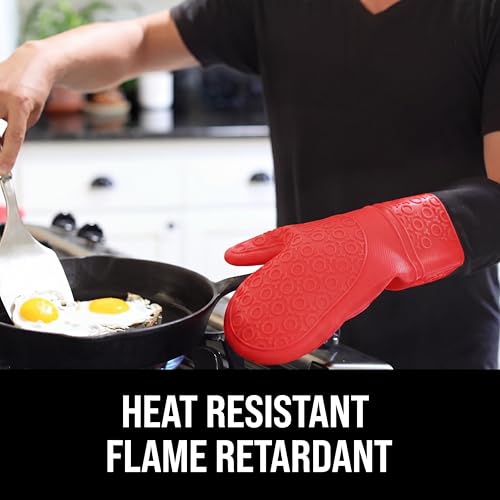 BPA-Free Soft Silicone Oven Mitts - Ultra Heat Resistant Oven Mitts with Thick Cotton Liner - Extra Long Slip Resistant Pot Holders, Flexible Oven Gloves - color: Canyon Red, size: 2-Piece 14.7" Oven Mitts