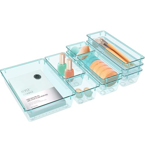10 PCS Drawer Organizer Set, 5 Size Bathroom and kitchen organizer Trays | Bathroom and kitchen Drawer cabinet organizer Trays, Clear Storage Bins for Makeup, Jewelry, Utensils and Gadgets - color: Sea Blue, size: 10 PCS