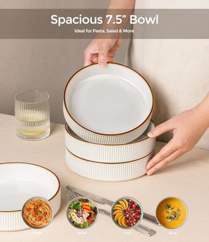 GBhome 7.5 Inch Pasta Bowls Set of 6, Ceramic Salad Bowls, Warm White | Double Reactive Glaze Bowls for Pasta, Noodles & Fruit, Scratch Resistant, Microwave & Dishwasher Safe - color: Warm White, size: Set of 6