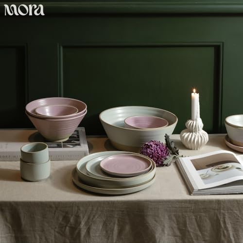 Mora Medium Dishes Set of 4, 35oz Ceramic Pottery Pasta Plate/Wide Bowls - Microwave, Oven and Dishwasher Safe - Mist - color: Mist
