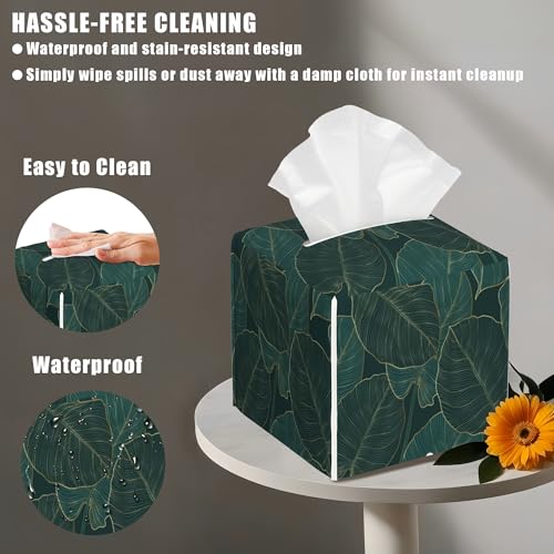 Tropical Green Leaves Tissue Box Cover Square, Golden Line Art Tissue Box Holder with Bottom Belt Leather Facial Paper Organizer Dispenser for Bathroom Bedroom Dresser Night Stand Tabletop - color: Tropical Green Leaves