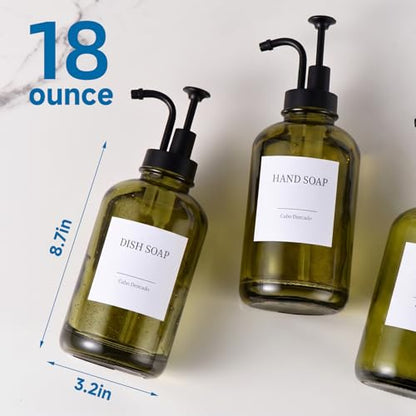 Glass Soap Dispenser with Pump, Dish and Hand Soap Dispenser for Kitchen Bathroom, Glass Dispenser Set with 18 Stickers Funnel Bamboo Tray 500ml 18oz Green - color: Olive Green 3