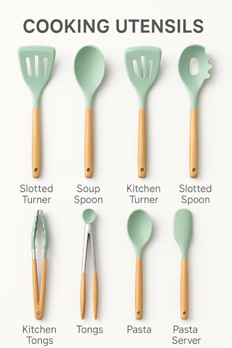 MaxLife Silicone Cooking Utensil Set with Holder, 12-Piece – Sage Green, Wooden Handles – Heat Resistant, Nonstick Safe Spatulas, Spoons, Turner, Tongs & Whisk – Premium Kitchen Tool Set