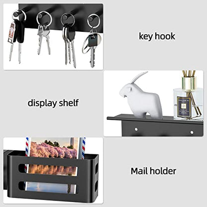 MKO Key Holder Wall Mount, Adhesive Key Hanger with 4 Hooks for Wall, Black | Metal Material, Key Rack with Shelf, Wall Mount, Mail Organizer Tray, Suitable for Entryway, Hallway, Living Room - color: Black with Shelf