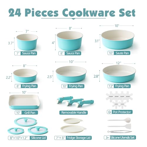 SENSARTE 24 Piece Ceramic Detachable Handle Pots and Pans Set Turquoise | Ceramic Cookware Set, Induction Cookware Set with Removable Handle, Healthy Non Stick for RV, Dishwasher ＆ Oven Safe - color: Turquoise, size: 24 Piece