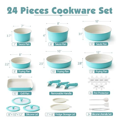 SENSARTE 24 Piece Ceramic Detachable Handle Pots and Pans Set Turquoise | Ceramic Cookware Set, Induction Cookware Set with Removable Handle, Healthy Non Stick for RV, Dishwasher ＆ Oven Safe - color: Turquoise, size: 24 Piece