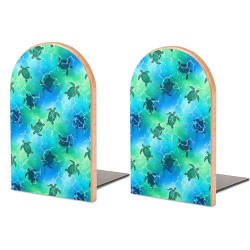 2 Pieces Bookend Heavy Duty Wood Bookends with Metal Base, Ocean Animal Sea | Turtle, Small Book Stoppers for Shelves, Desktop, Room, Library, Sturdy and Non-Slip - color: Style(632)