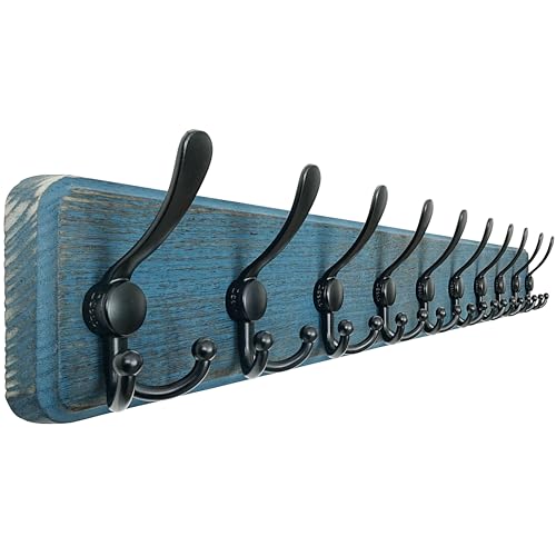Coat Rack Wall - Heavy-Duty 38-1/4" Long, with Reinforced 10 Custom Tri-Hooks, Solid Wood Wall Hanger for Coats Hat Jackets - Rustic Farmhouse Entryway Hallway Storage, Weathered Blue & Black - color: Weathered Blue & Black, size: L=38.3"