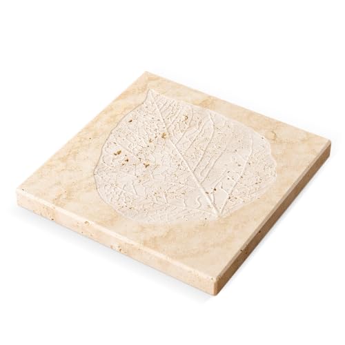 Marble Leaf Embossed Tray, Natural Golden Travertine Vanity Decorative Marble Tray for Bathroom, Jewelry, Kitchen and Desktop, Decorative Stone Pallet for Cosmetics, Perfume and Home Decor - color: Beige Travertine