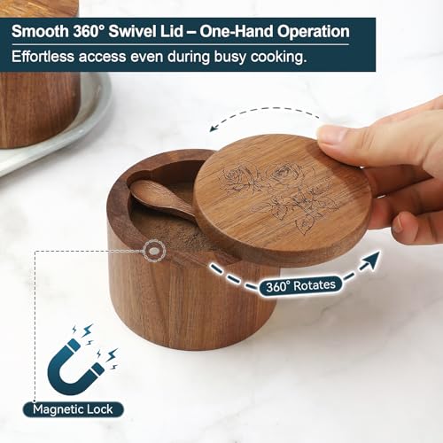 Salt Cellar, 2PCS Salt Container Acacia Wood Salt and Pepper Box for Countertop with Built-in Spoon & Swivel Lid, Wood Salt Holder Bowl for Kitchen, Seasoning Storage (Rose & SALT Engraving) - color: Acacia Wood SALT and Rose Set