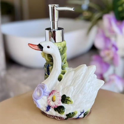 Ceramic Swans and Flowers Bathroom Accessories Set, 4 Piece Bathroom Ensemble Set with Toothbrush Holder, Toothbrush Cup, Soap Dispenser, Soap Dish