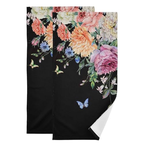 Peony Floral Butterfly Bouquet Black Hand Towel Bath Towel Set of 2 | Vintage Blooming Flower Decorative Bathroom Towels Soft Absorbent Quick Dry Bath Face Hair Dish Tea Towel for Kitchen 28"x14" - color: Black