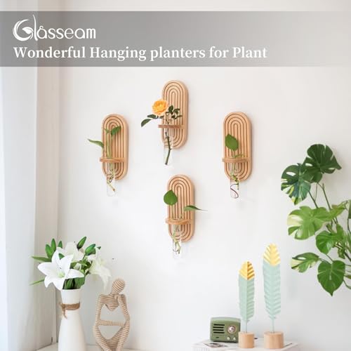 Glasseam Wall Plant Propagation Station: Hanging Glass Propagation Vases | Set of 3, Boho, Rustic Wooden Hydroponic Planter with Test Tube, Living Room, Entryway, Office, Indoor Pothos Cutting