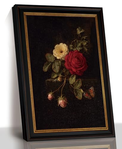 Vintage Rose and Butterfly Wall Art, Black Gold Trim Frame, 12 x 16In | Dark botanical design adds moody vintage charm to living rooms, bedrooms, bathrooms, and entryways. - color: Red Rose and Butterfly, size: 16"L x 12"W
