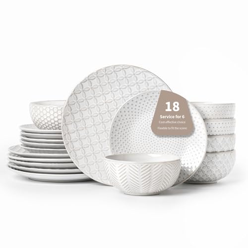 FOBENTA 18 Piece Embossed Dinnerware Sets for 6, Scratch-Resistant Plates and Bowls Sets, Microwave & Dishwasher Safe, Elegant Stoneware for Family Gatherings – A Gift for Growing Households - size: Service for 6 (18pcs)