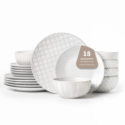 FOBENTA 18 Piece Embossed Dinnerware Sets for 6, Scratch-Resistant Plates and Bowls Sets, Microwave & Dishwasher Safe, Elegant Stoneware for Family Gatherings – A Gift for Growing Households - size: Service for 6 (18pcs)