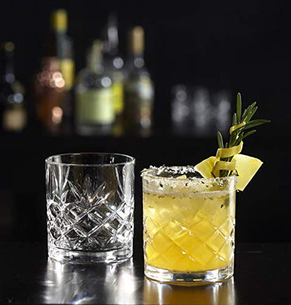 Royalty Art Kinsley Whiskey Glasses, Set of 4, 10.6 oz Crystal Tumblers | Bourbon, scotch, whiskey, cocktails, distinctive Kinsley design, gift for enthusiasts - style: Lowball