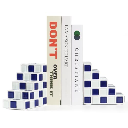 Decorative Bookends for Shelves Stair Book Ends for Heavy Books | Unique Book Stopper & Holder for Shelves, Modern Home Decor Aesthetic Bookshelf Decor, Blue & White - color: Blue & White