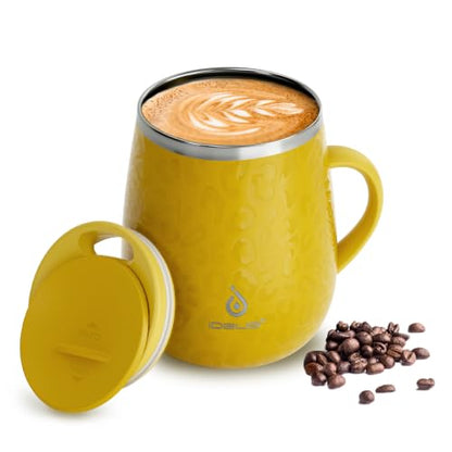 Ideus 16 oz Insulated Coffee Mug with Handle and Lid, Double Wall Stainless Steel Vacuum Thermal Coffee Mug, Travel Coffee Cup Thermal Cup for Home and Office (Leopard Yellow, FUJI DAWN) - color: Leopard Yellow