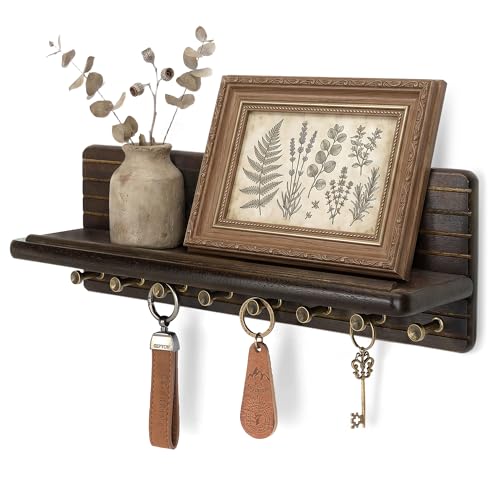 Rebee Vision Acacia Wood Key Holder Wall Mount for Entryway, Dark Brown | Key Holder for Wall, Round Corner, 8 Key Hooks, Floating Shelf, Mail Organizer, Apartment Storage, Practical Home Essential - color: Dark Acacia