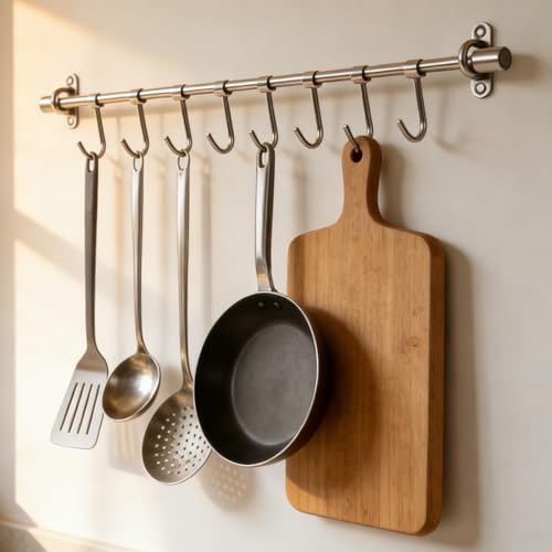 15.7" Kitchen Utensil Rack with 7 Sliding Hooks, 304 Stainless Steel Kitchen Rail with Hooks, Utensil Hanging Rack Wall Mounted, Pots and Pans Hanging Rack 2 Packs